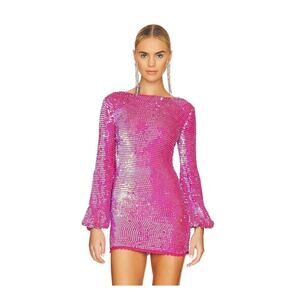 Retrofete Tara Crochet Dress Iridescent Pink Long Sleeve XS/S NWT Sequins